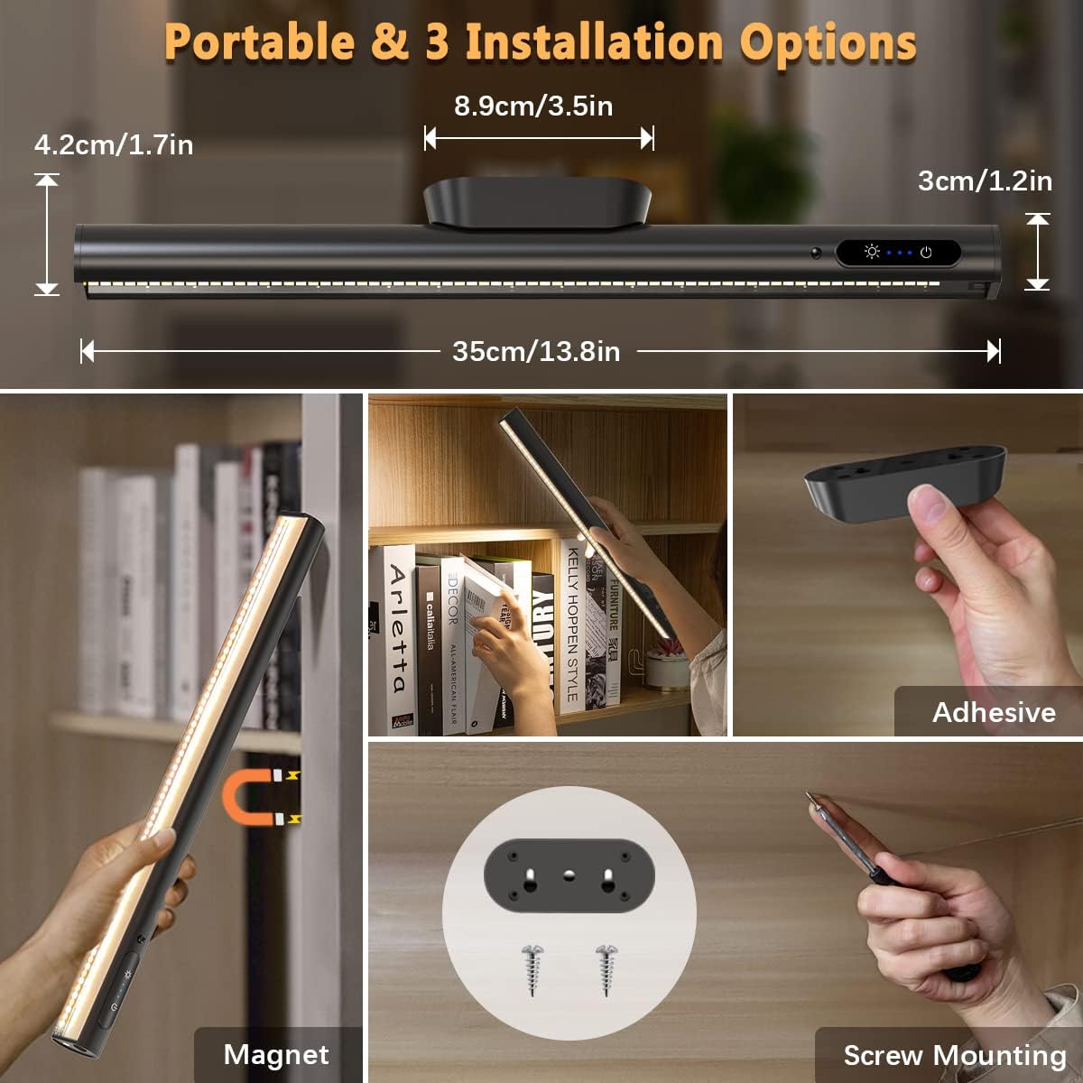 Hapfish Rechargeable Battery Powered Lights, Led Strip Light Bar Battery Operated 4000mAh Magnetic Dimmable Remote Control, Under Shelf Lighting for Mirror Indoor Wall Cabinet Kitchen - Black