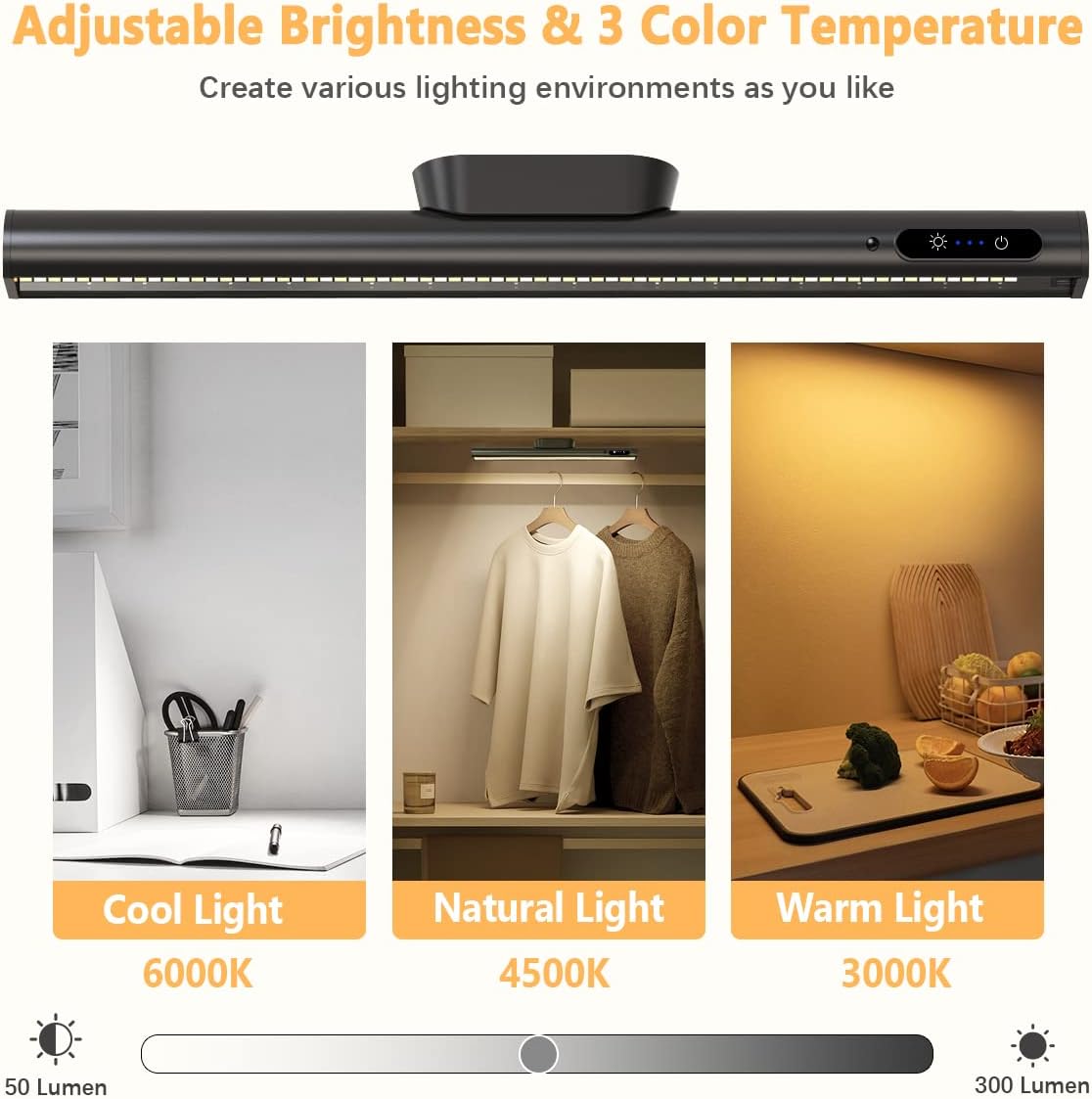 Hapfish Rechargeable Battery Powered Lights, Led Strip Light Bar Battery Operated 4000mAh Magnetic Dimmable Remote Control, Under Shelf Lighting for Mirror Indoor Wall Cabinet Kitchen - Black