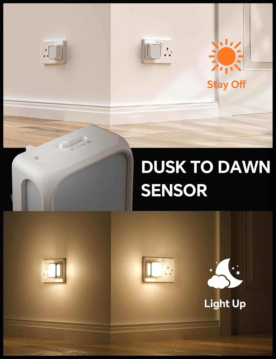 PURSNIC Night Light Plug in Wall, with Dusk to Dawn Photocell Sensor, 3000K Warm White, Brightness Adjustable, 1W LED Night Light for Kids, Bedroom, Hallway, Stairs, 2 Pack