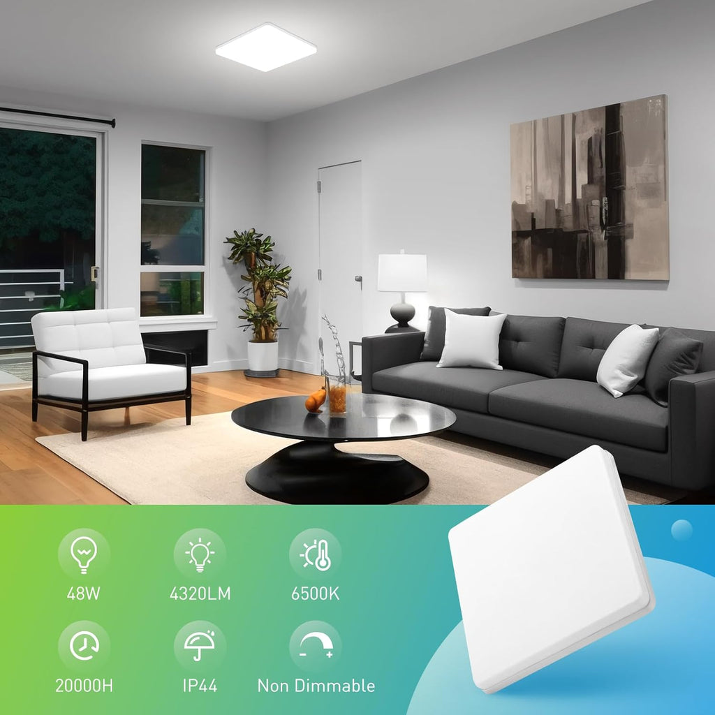 Yafido LED Square Ceiling Light Fitting 48W 4320LM, Cool White 6500K, IP44 Waterproof, 30CM Modern Ultra Bright Lighting Fixture 220V for Bathroom Living Room Kitchen Roof Office