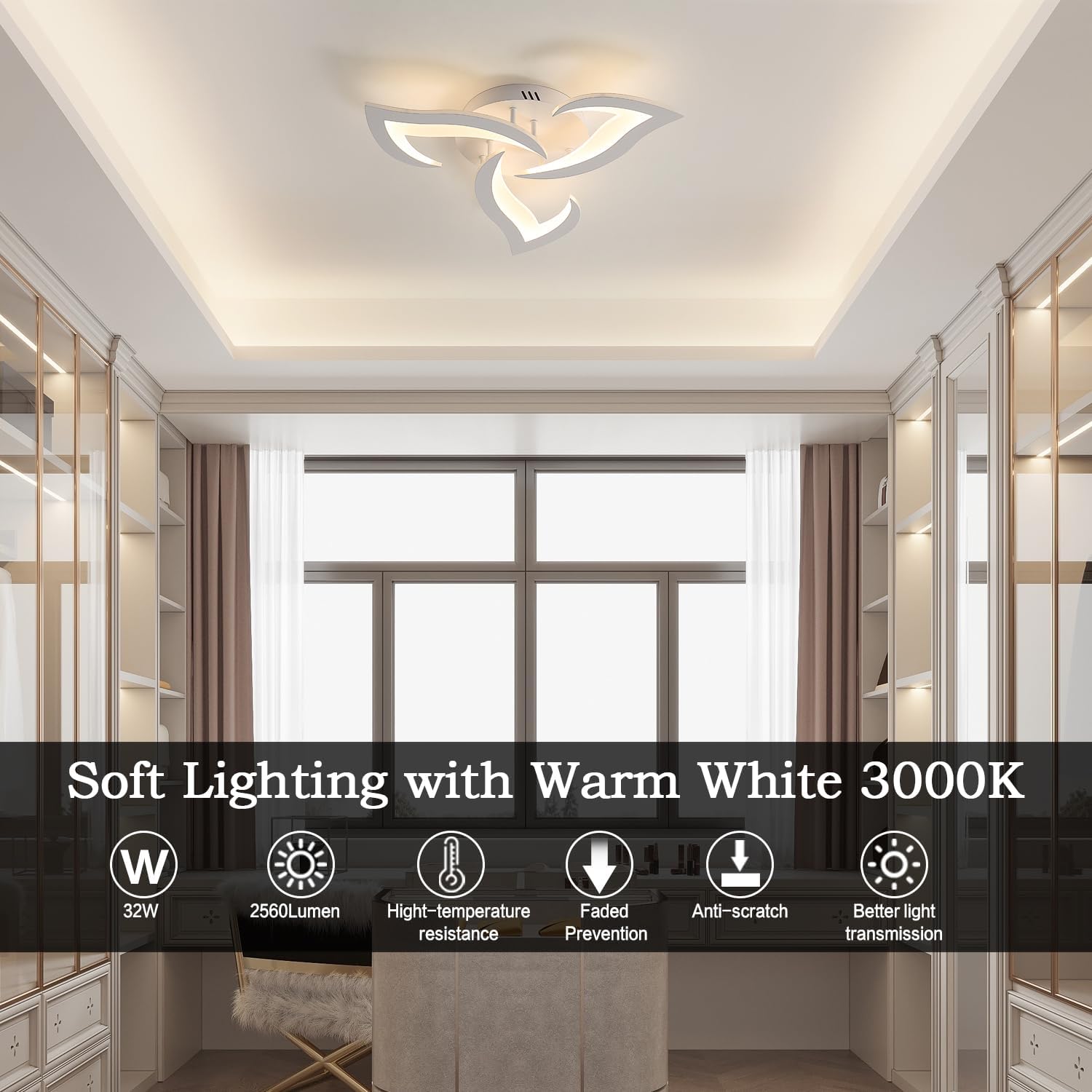 Dorlink LED Ceiling Light, 36W 3240LM Modern Design Ceiling Lighting, 3 Lights Living Room Ceiling Light Acrylic White Flower Fittings Ceilings for Bedroom, Kitchen, Dining Room 3000K Warm White