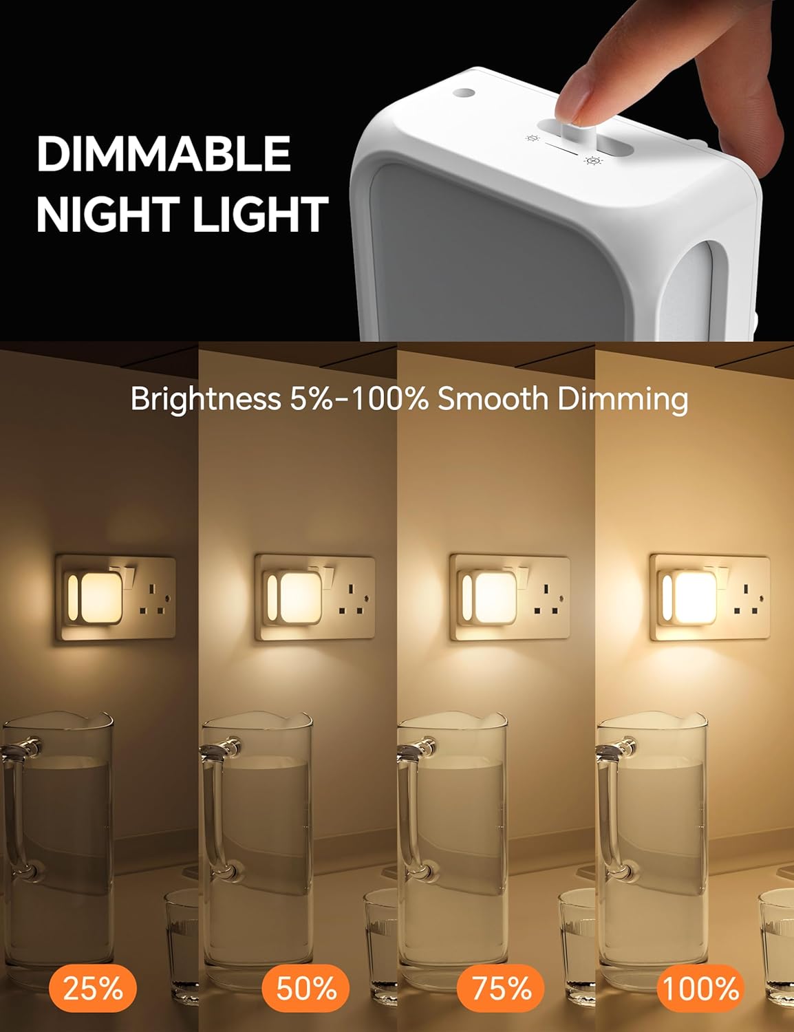 PURSNIC Night Light Plug in Wall, with Dusk to Dawn Photocell Sensor, 3000K Warm White, Brightness Adjustable, 1W LED Night Light for Kids, Bedroom, Hallway, Stairs, 2 Pack
