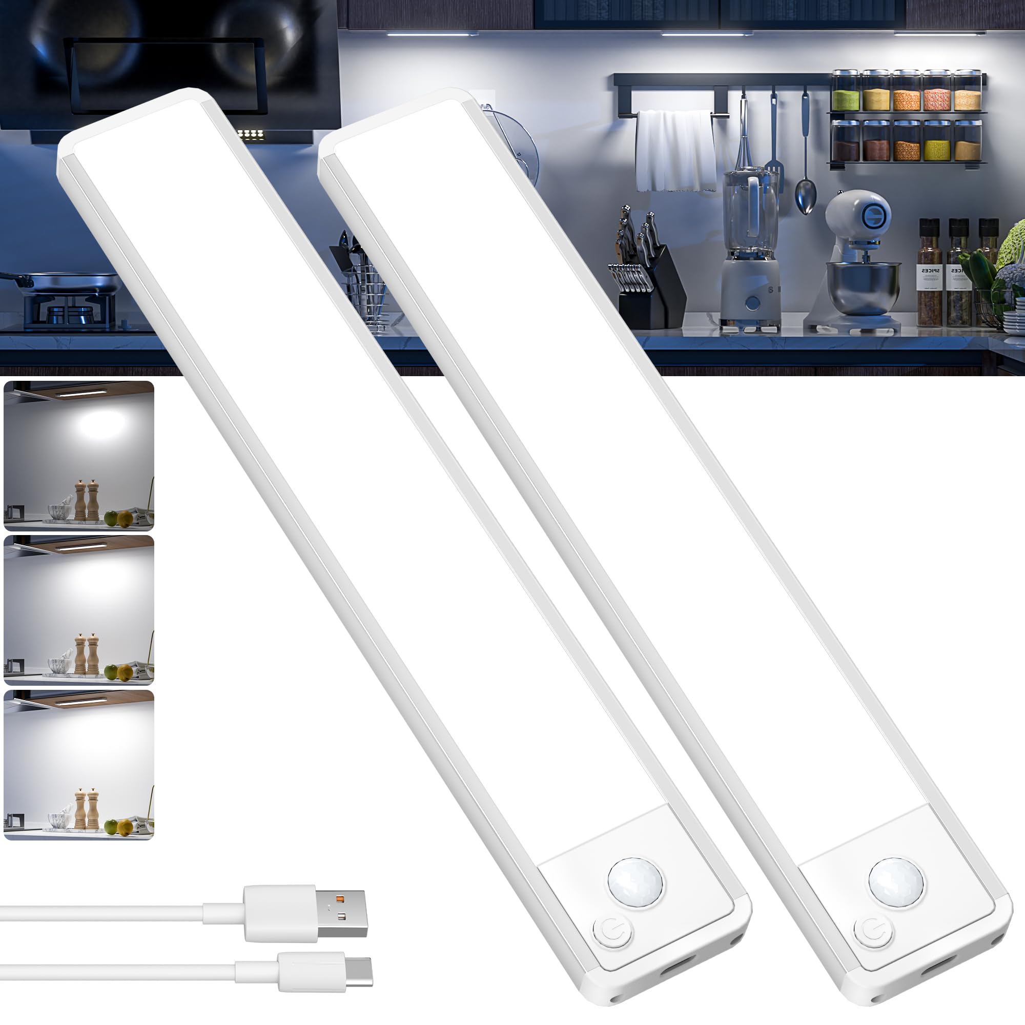 Under Cabinet Kitchen Lights LED - Cupboard Light Motion Sensor Indoor Rechargeable Strip Wireless USB Powered Magneti Battery Operated for Stairs Wardrobe Hallway Garage Bed
