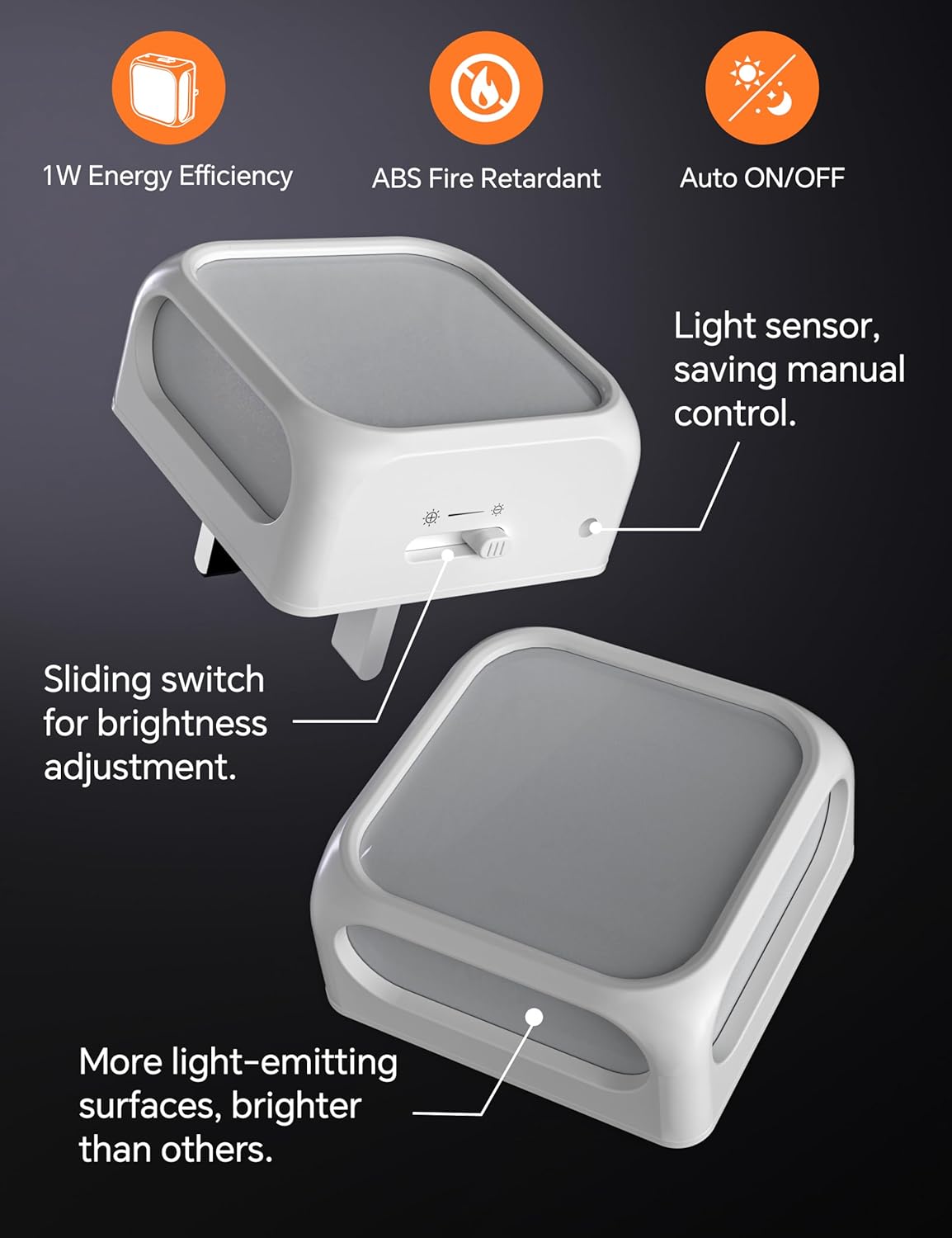 PURSNIC Night Light Plug in Wall, with Dusk to Dawn Photocell Sensor, 3000K Warm White, Brightness Adjustable, 1W LED Night Light for Kids, Bedroom, Hallway, Stairs, 2 Pack