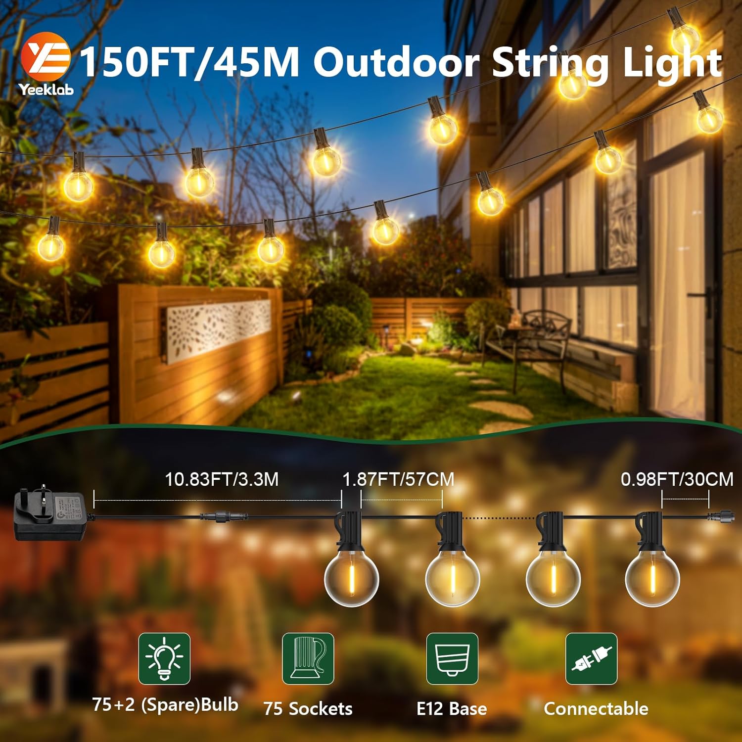 Yeeklab Outdoor String Lights 45M/150FT, Garden Lights Mains Powered with 75+2 Shatterproof Plastic G40 Bulbs, Waterproof LED Festoon Lights for Patio Backyard Wedding Party Terrace
