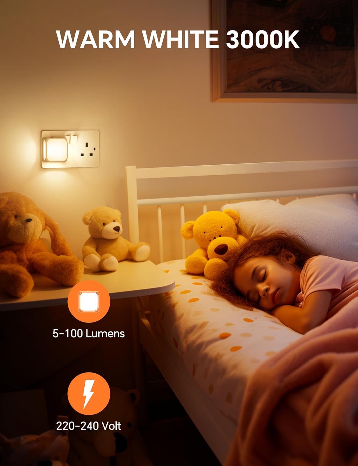 PURSNIC Night Light Plug in Wall, with Dusk to Dawn Photocell Sensor, 3000K Warm White, Brightness Adjustable, 1W LED Night Light for Kids, Bedroom, Hallway, Stairs, 2 Pack