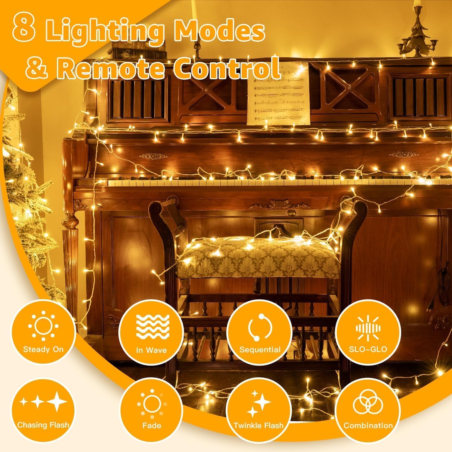 Ollny 10m 100 LED Fairy Lights Mains Powered, Outdoor Waterproof String Light with Remote/Plug/Modes/Timer, Bright Warm White Lighting Outside Indoor Garden Tree Decorations