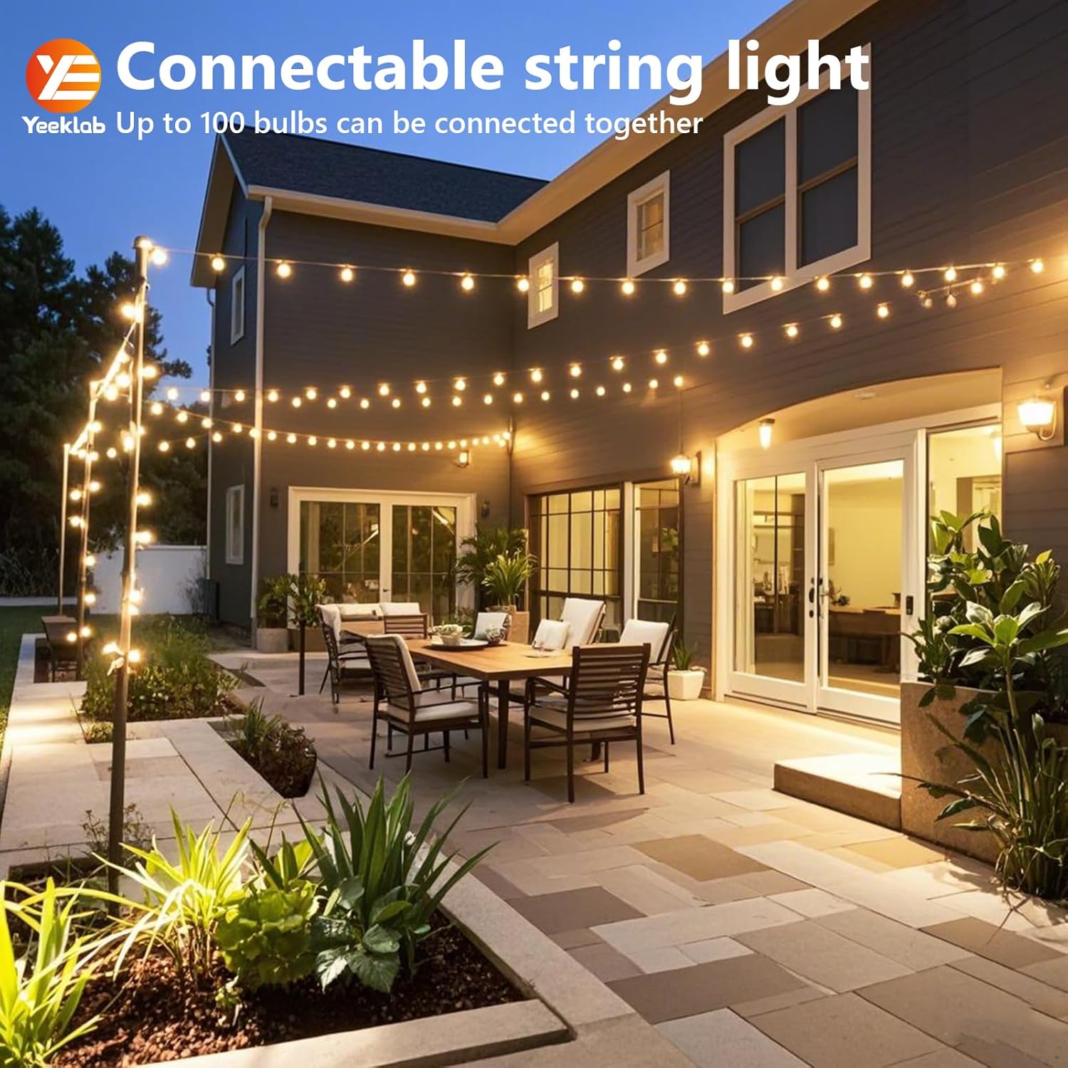 Yeeklab Outdoor String Lights 45M/150FT, Garden Lights Mains Powered with 75+2 Shatterproof Plastic G40 Bulbs, Waterproof LED Festoon Lights for Patio Backyard Wedding Party Terrace
