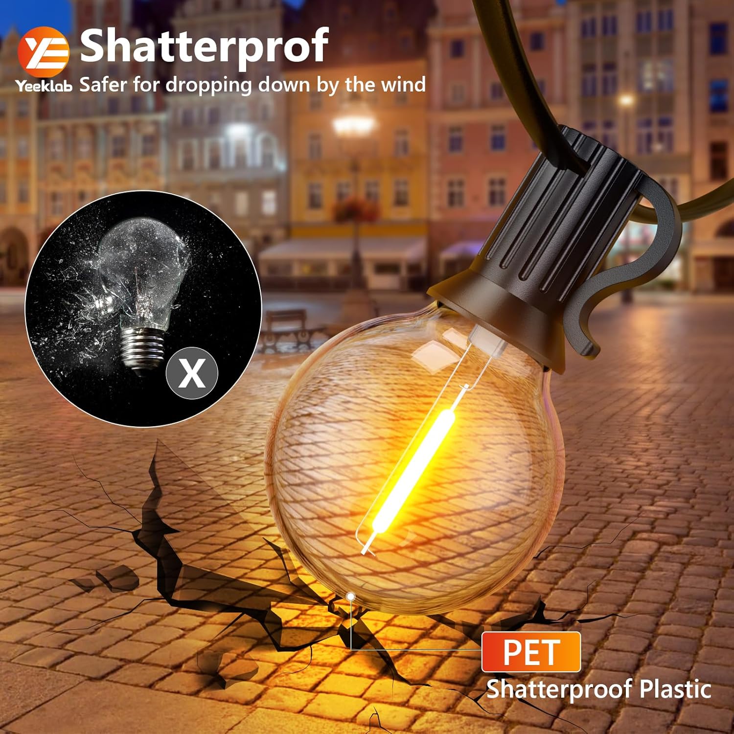 Yeeklab Outdoor String Lights 45M/150FT, Garden Lights Mains Powered with 75+2 Shatterproof Plastic G40 Bulbs, Waterproof LED Festoon Lights for Patio Backyard Wedding Party Terrace