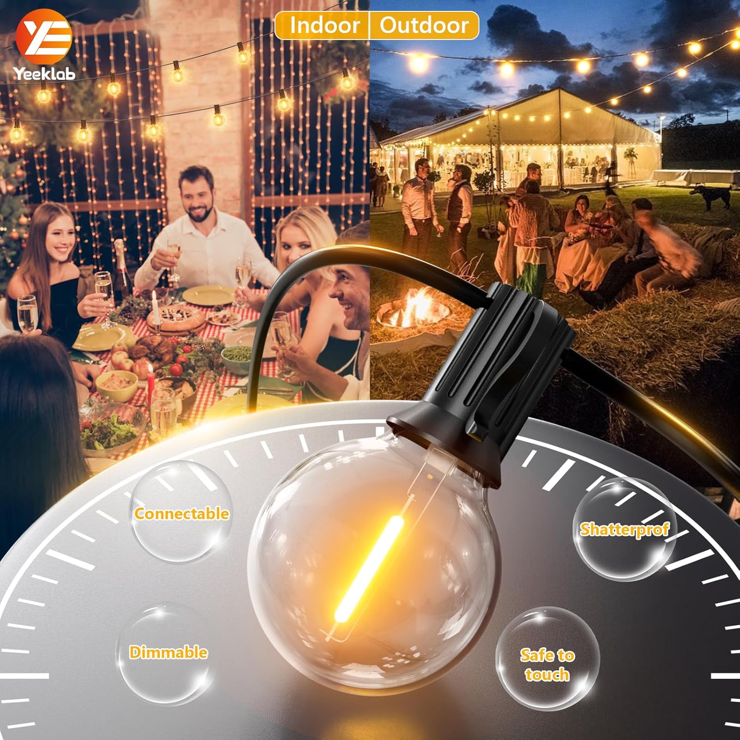 Yeeklab Outdoor String Lights 45M/150FT, Garden Lights Mains Powered with 75+2 Shatterproof Plastic G40 Bulbs, Waterproof LED Festoon Lights for Patio Backyard Wedding Party Terrace